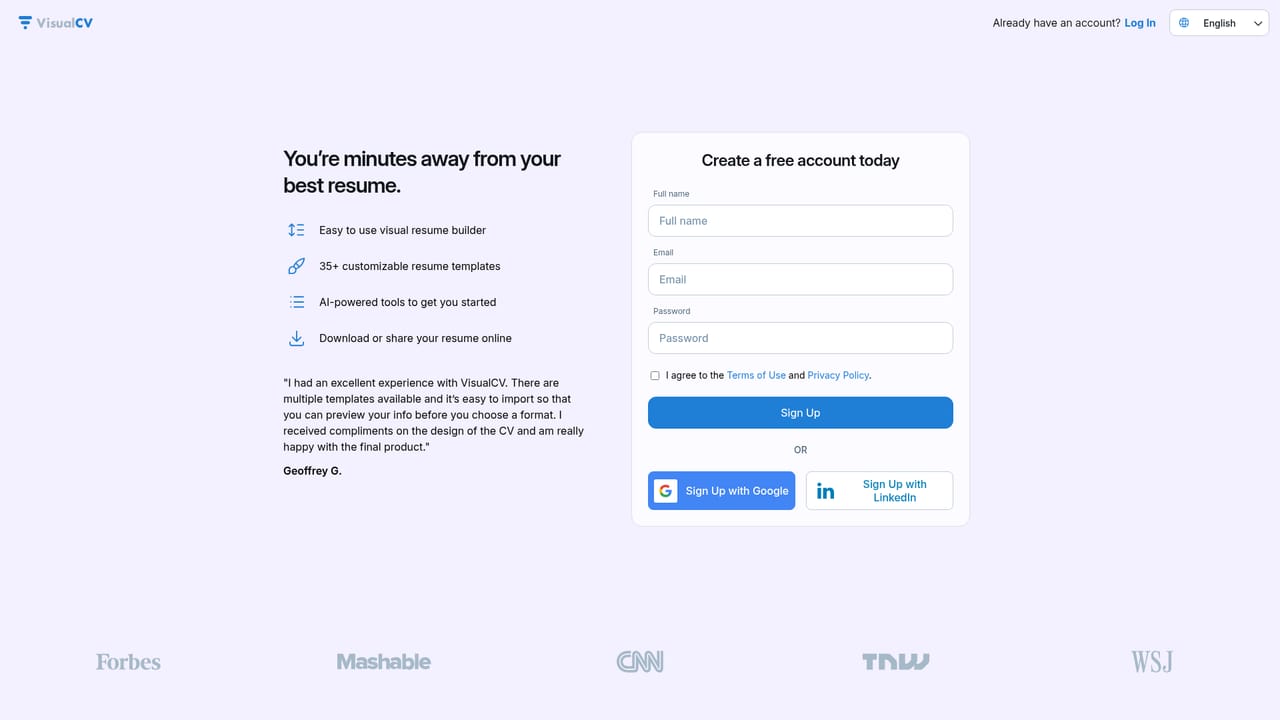 VisualCV — Create an account