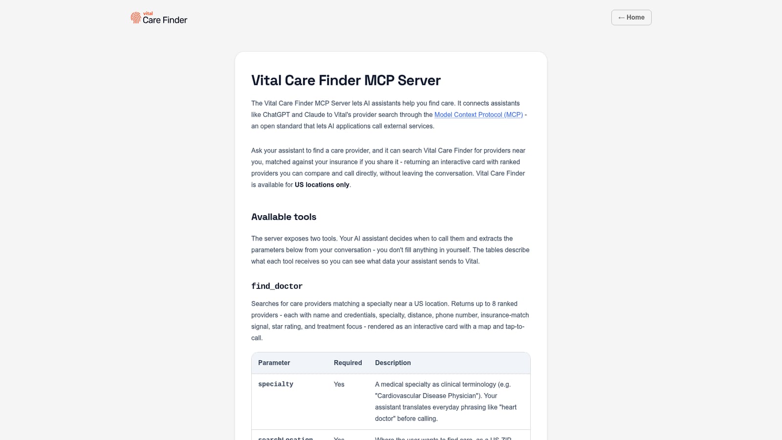 Vital Care Finder MCP Server — Check that your assistant supports MCP