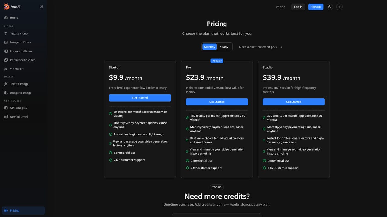 Voe Ai — Top up or subscribe for more credits