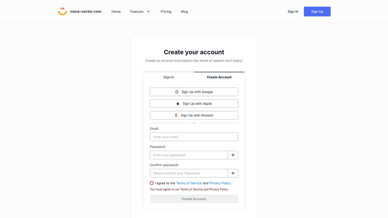 Voice Vector — Create an account and claim the starting credits