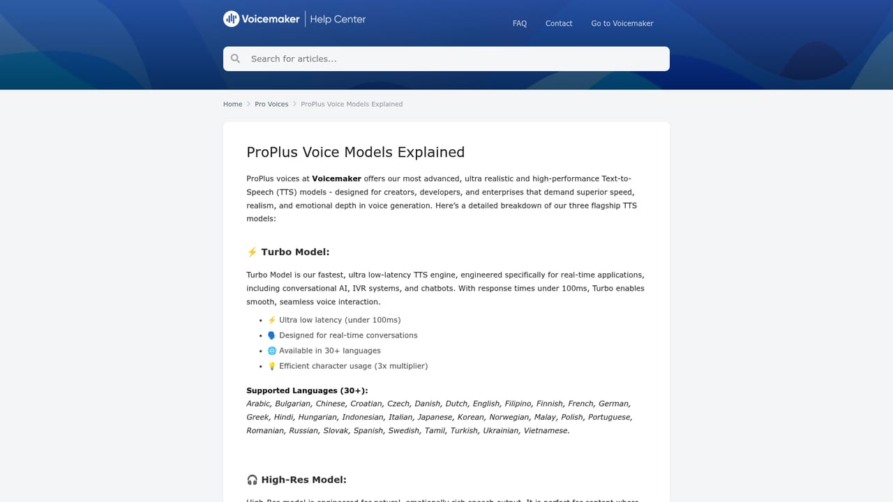 Voicemaker — Choose a voice model and language