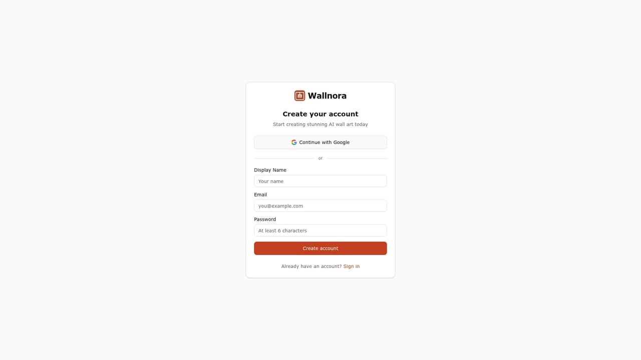 Wallnora — Create an account