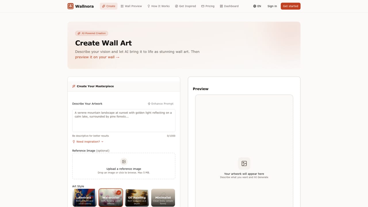 Wallnora — Describe your artwork and choose a style