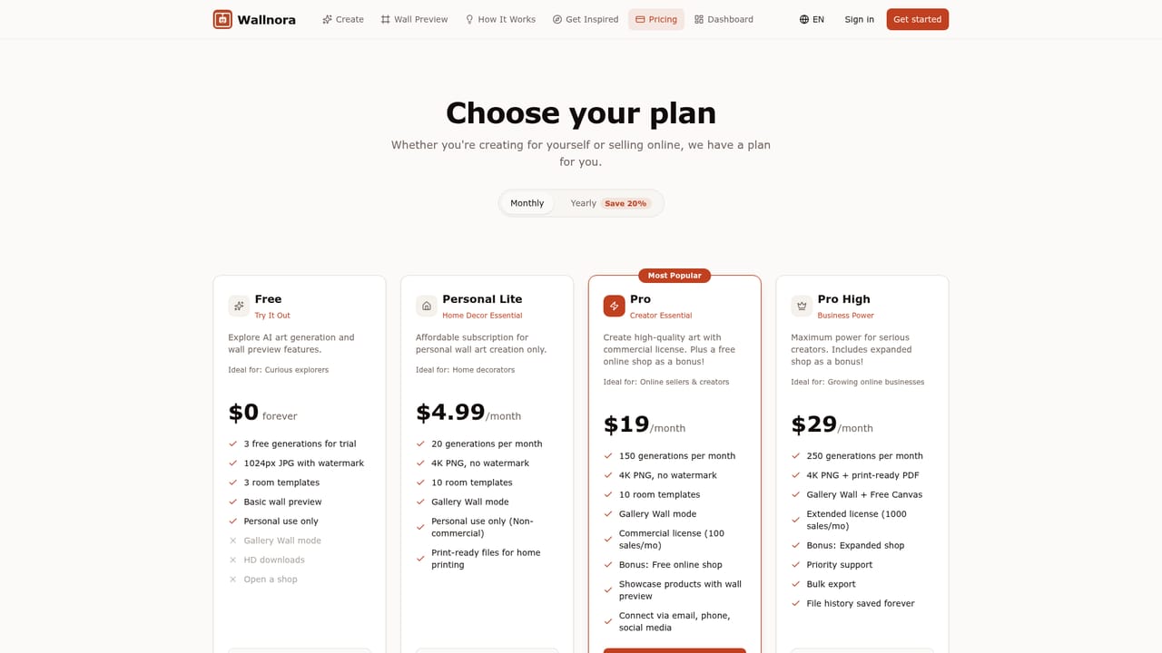 Wallnora — Pick a plan that matches your use