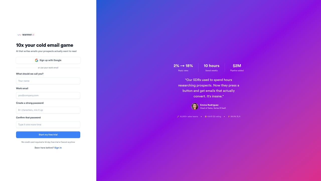 Warmer — Create an account and start the trial
