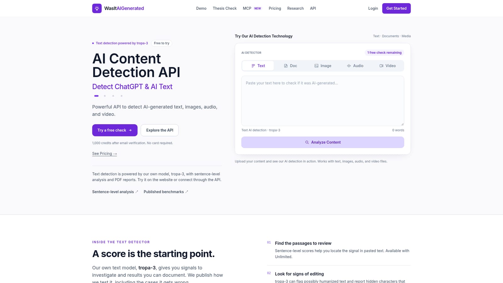 WasItAIGenerated — Run a free check on the homepage