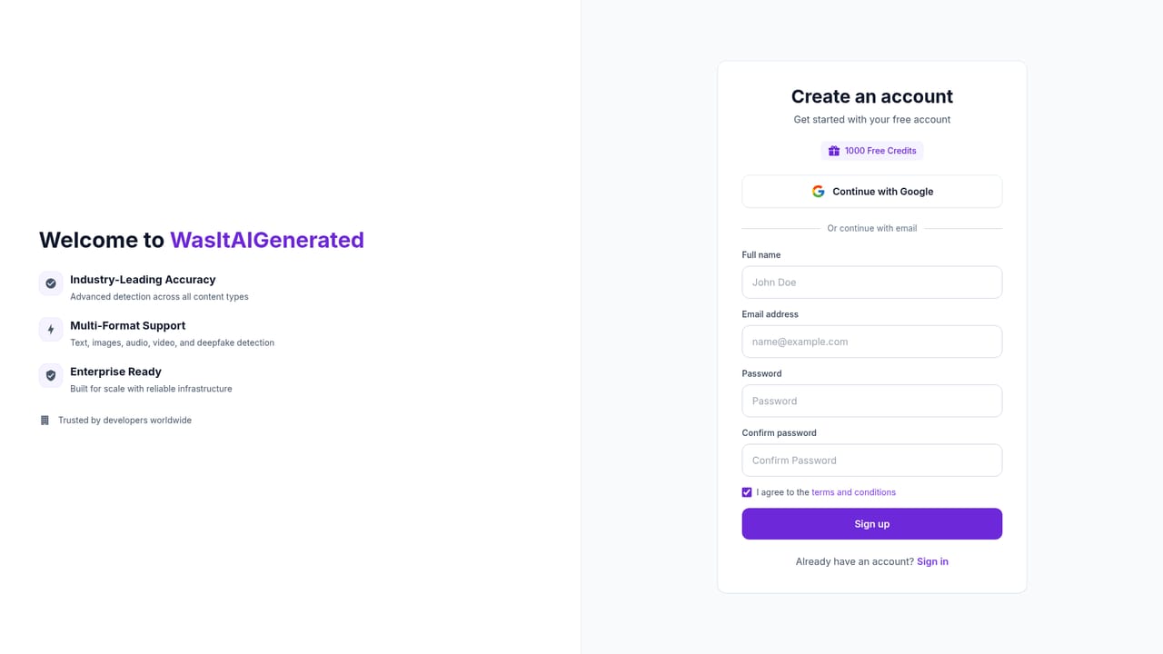 WasItAIGenerated — Create a free account and verify your email