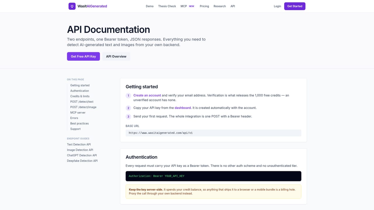 WasItAIGenerated — Get an API key and make a first request