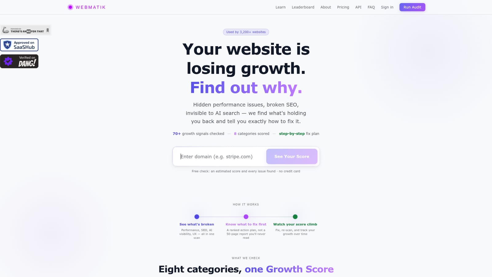 Webmatik AI — Paste your domain and start a free check