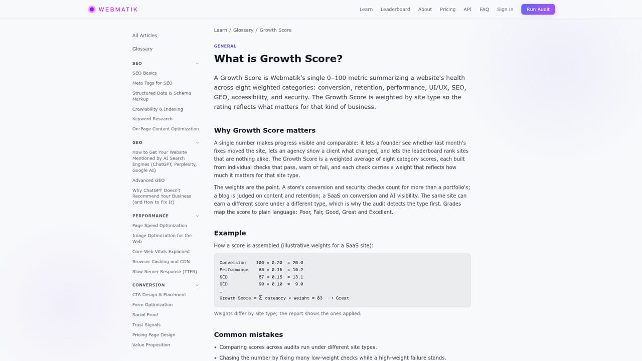 Webmatik AI — Read the Growth Score and category breakdown