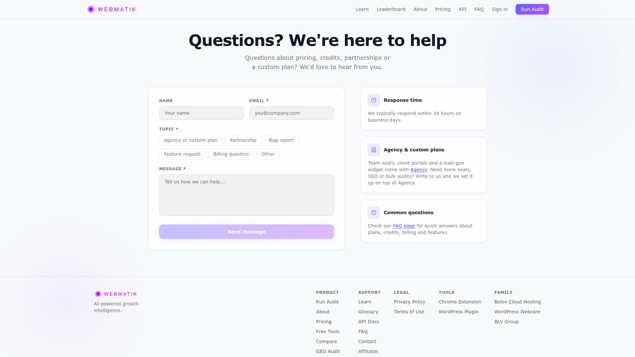 Webmatik AI — Ask the team about plans or your report