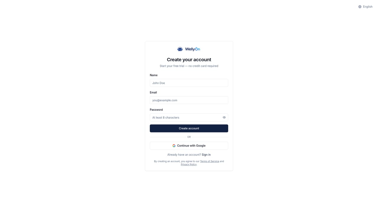 WellyOn — Create your WellyOn account