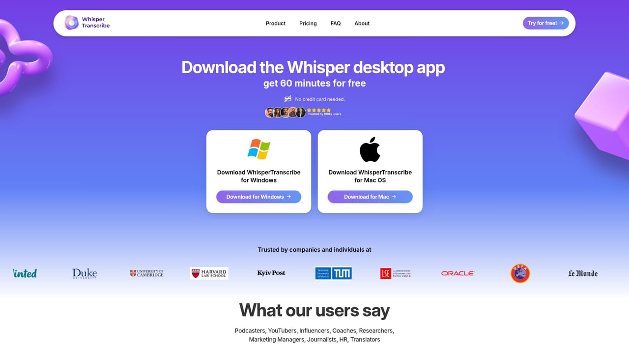 WhisperTranscribe — Download the app and start a free trial