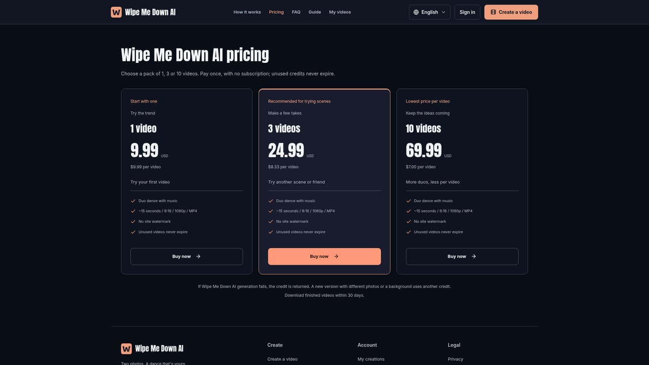 Wipe Me Down AI — Buy credits and generate the video