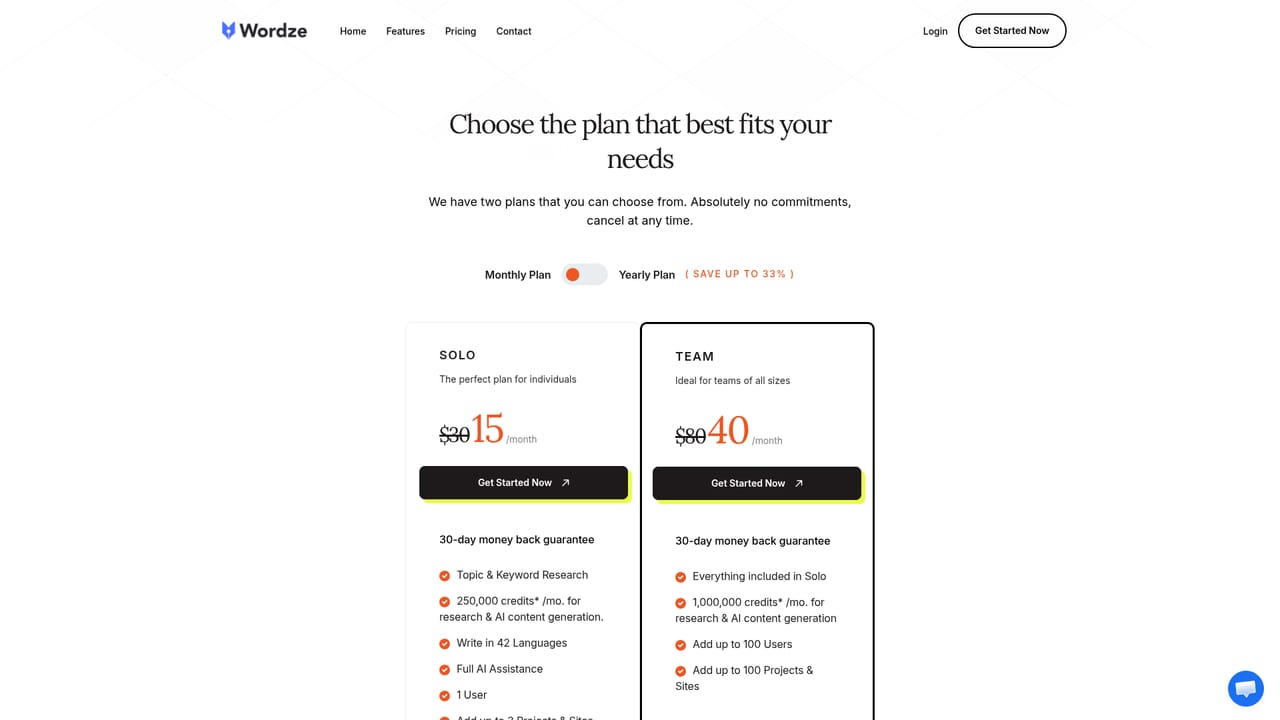 Wordze — Pick a plan