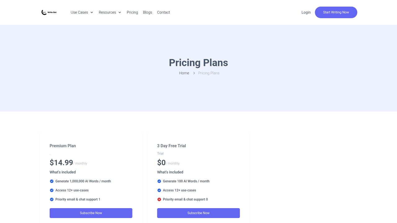 Writebot — Upgrade on the pricing page