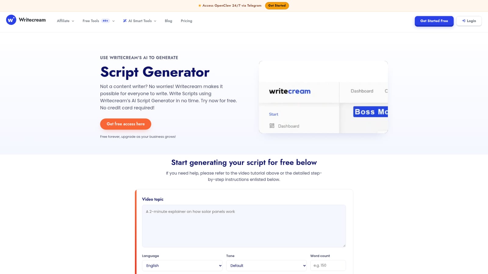 Writecream — Fill in the script brief