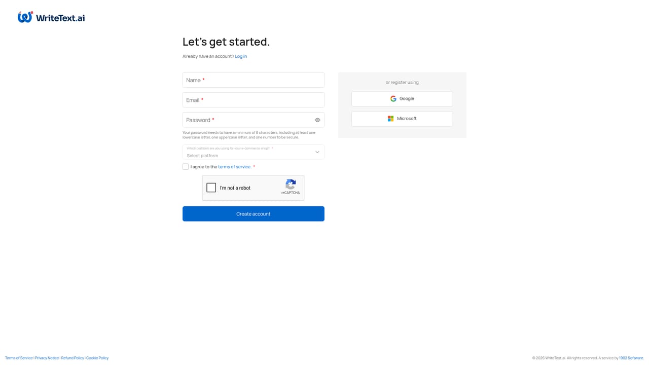 WriteText.ai — Create a free trial account