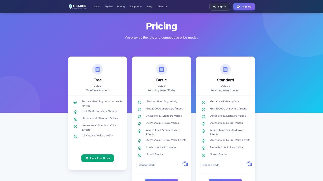 Xpeacho — Choose a plan as usage grows
