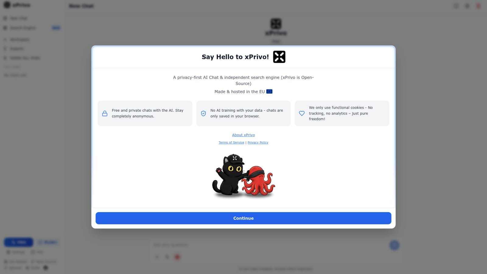 xPrivo — Open the site and start a new chat