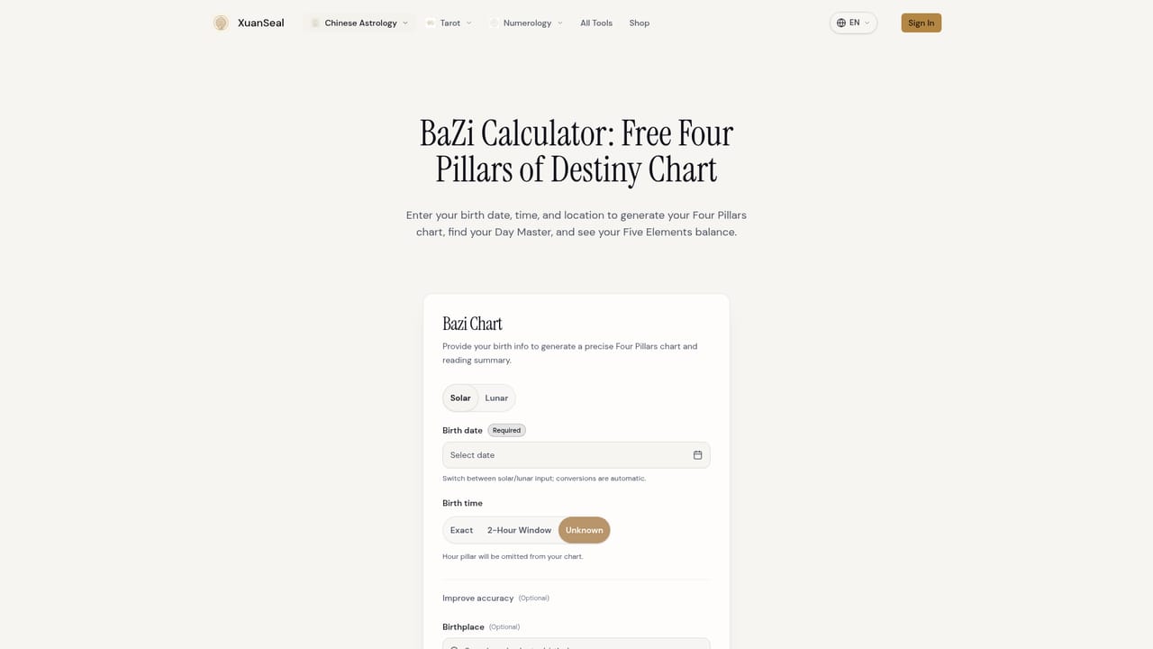 XuanSeal AI BaZi Reading — Generate your free Four Pillars chart