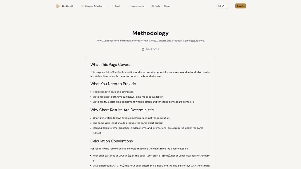 XuanSeal AI BaZi Reading — Check the method behind the chart
