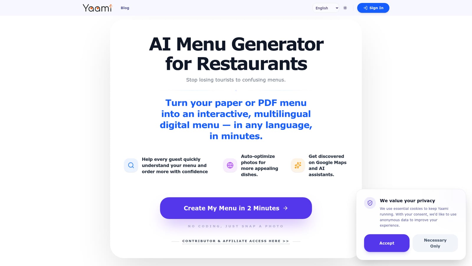 Yaami — Photograph or export your menu