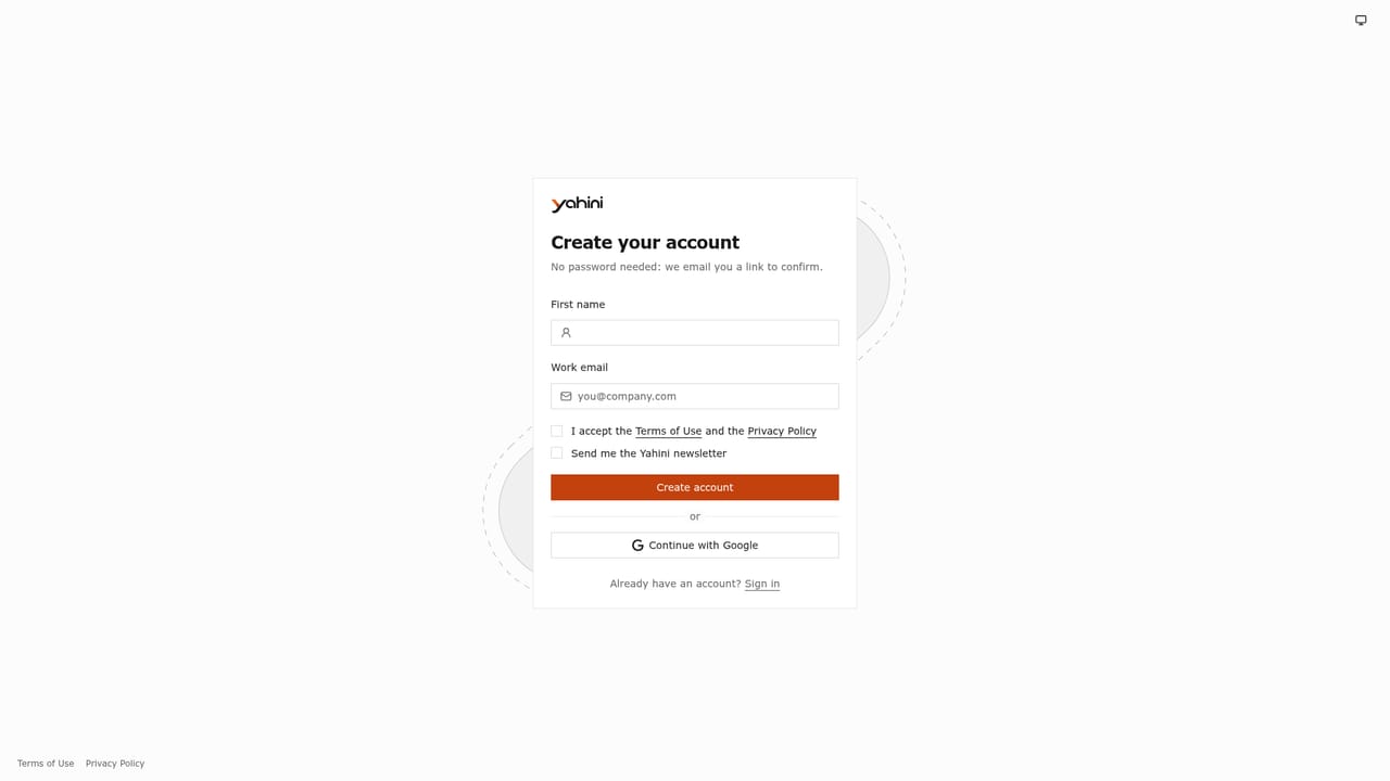 Yahini — Create an account and open the workspace