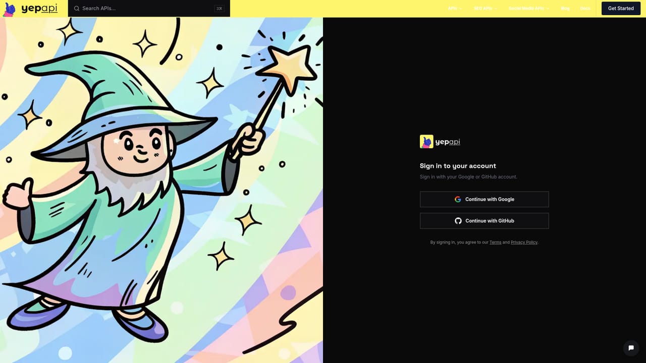 YepAPI — Create an account and get a key