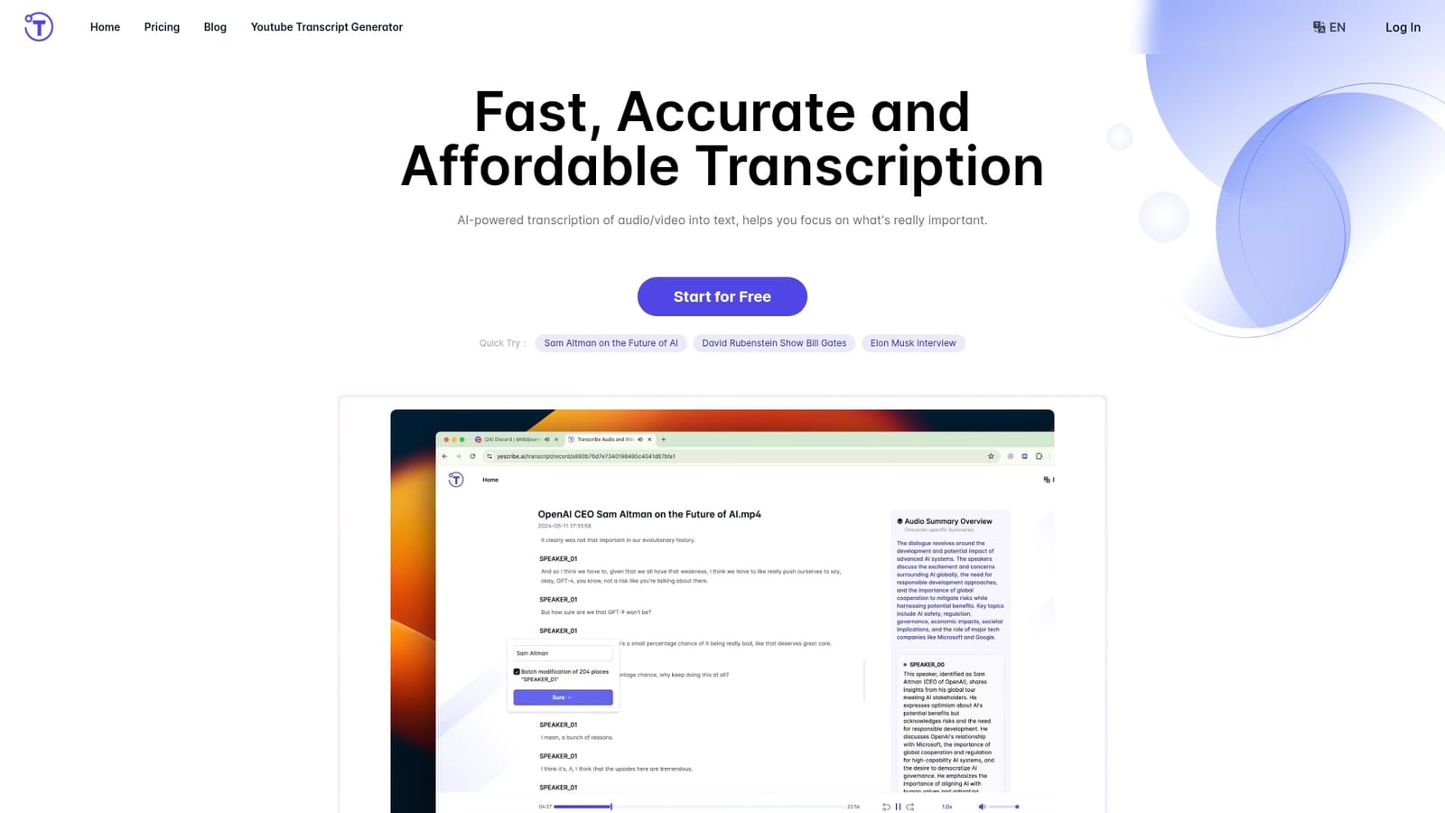 Yescribe — Open the site and start a free transcription