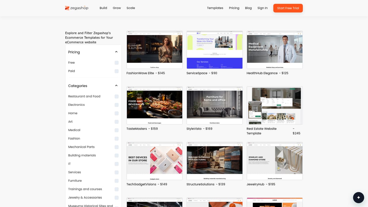 Zegashop — Pick a template as your starting point