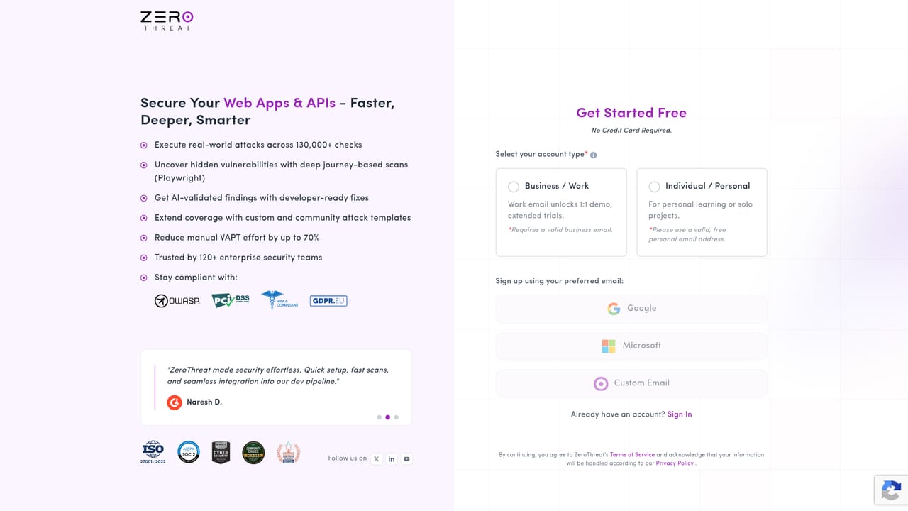 ZeroThreat.ai — Create a ZeroThreat account