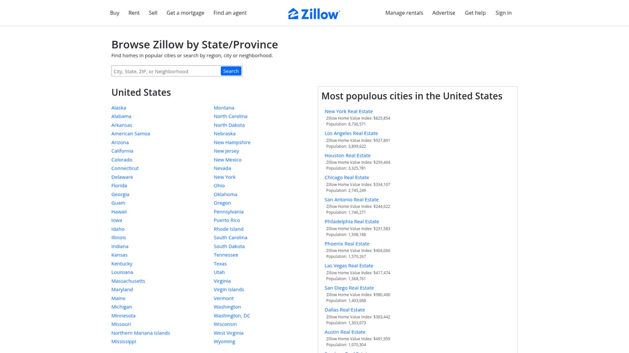 Zillow — Start with a city page or the full home browse