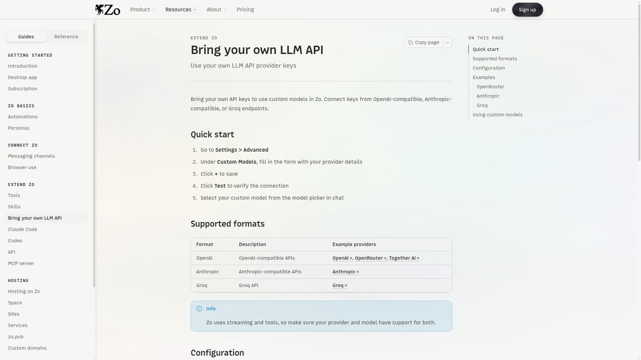 Zo Computer — Pick a model or connect your own key