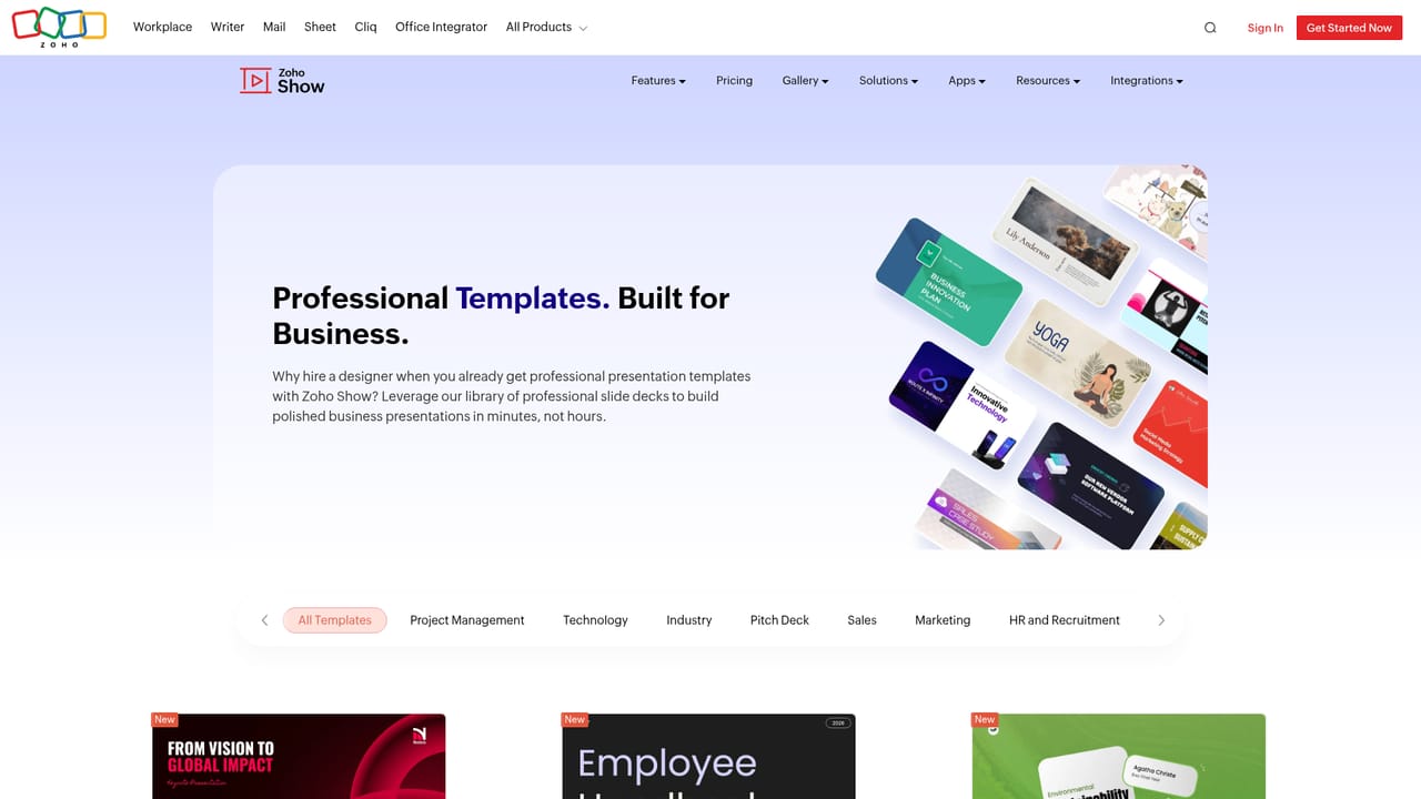 Zoho Show — Choose a template or import an existing file