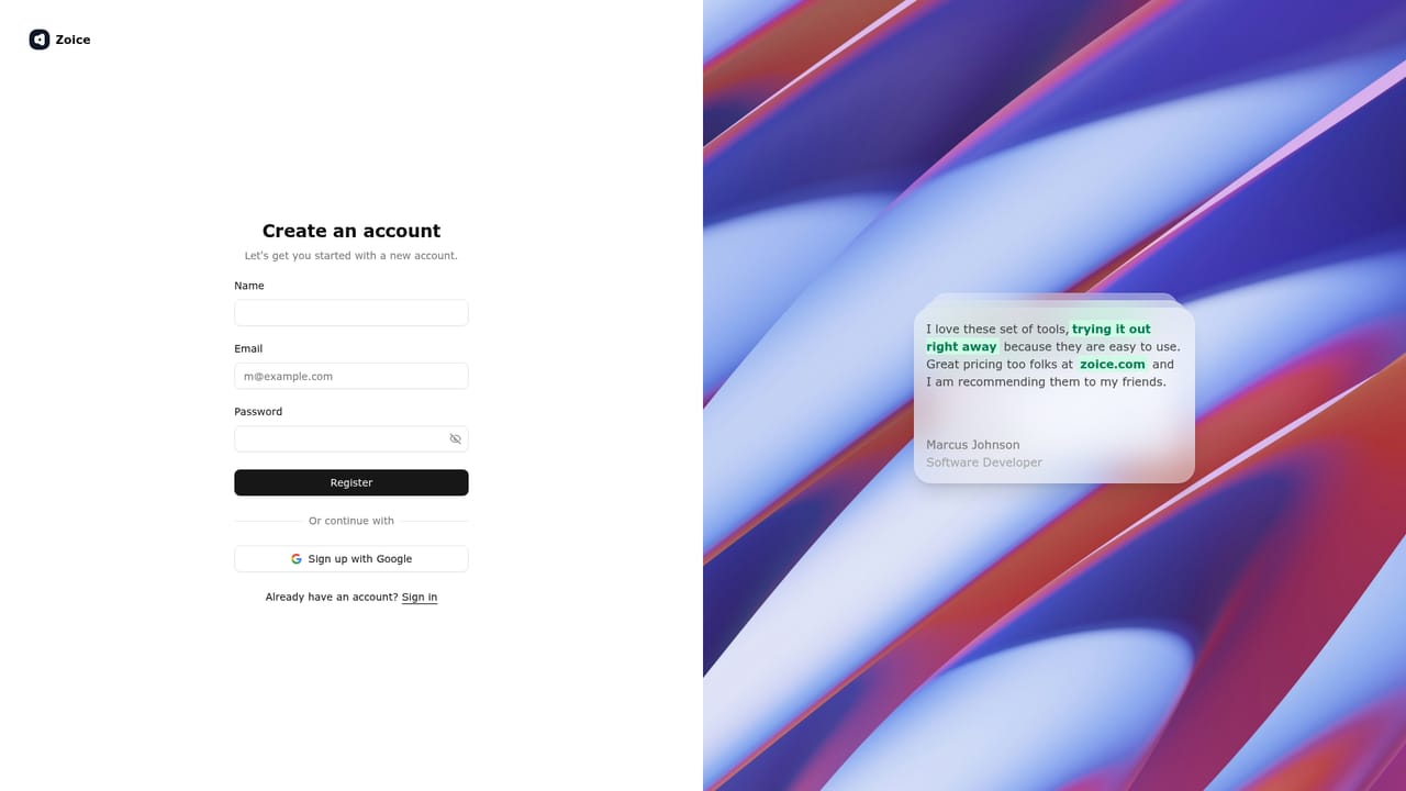 Zoice — Create an account