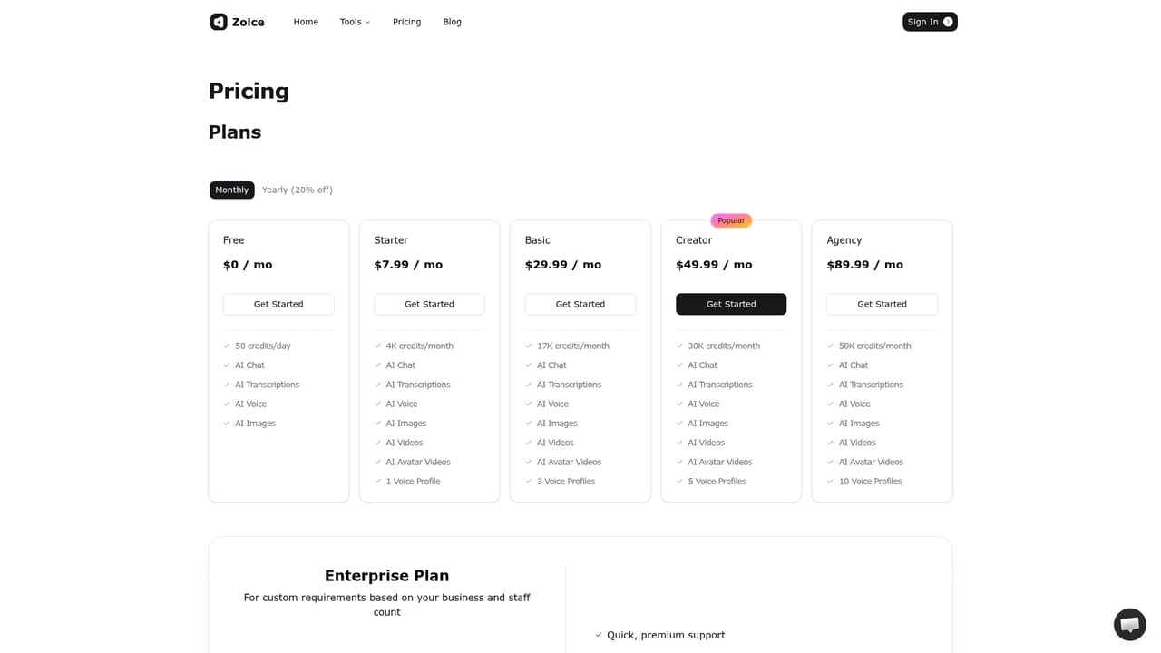 Zoice — Upgrade for more credits or voice profiles
