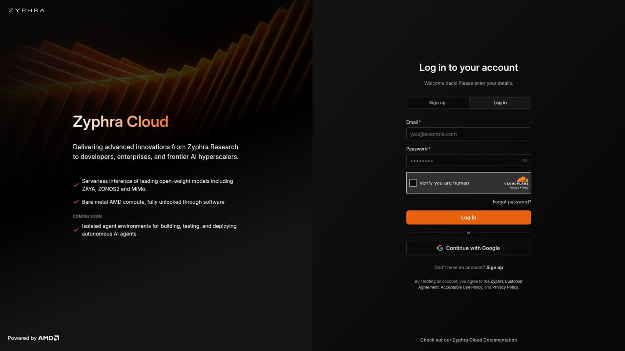Zyphra Cloud — Create an account on Zyphra Cloud