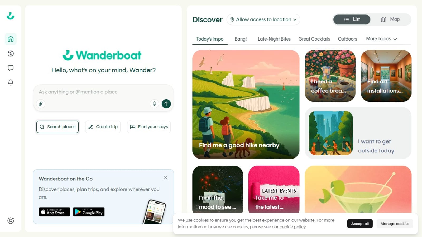 Wanderboat — Open Wanderboat and set your location